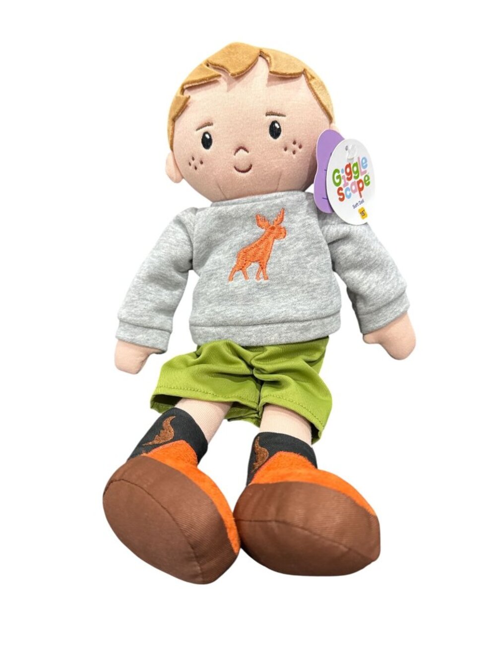 Giggle Scape 15" Soft Plush Doll With Moose Sweater & Green Shorts For Kids